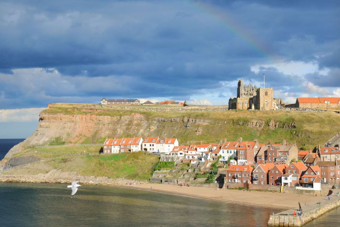 Houses lined on West Cliff in Whitby with coastline views and a rainbow 