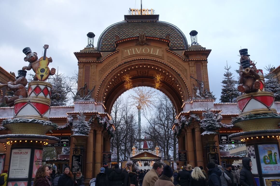 Tivoli arch in Copenhagen with a light covering of snow.