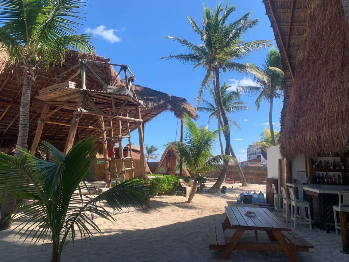 Shared beach space at a hostel with wooden structures and treeehouse