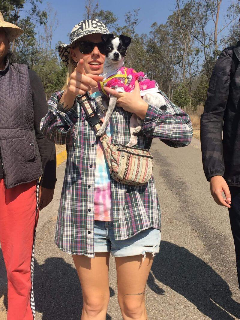 woman holding small dog wearing cut clothes