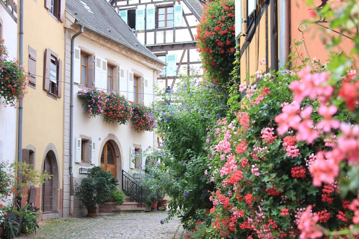 The narrow streets and buildings of Eguisheim village, France