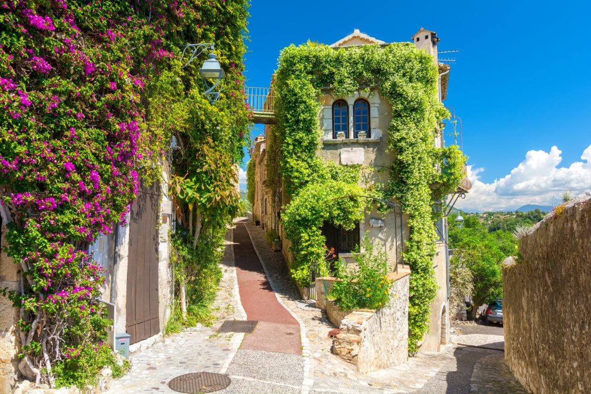 Buildings covered in plants and a narrow street in Saint Paul de Vence, France 