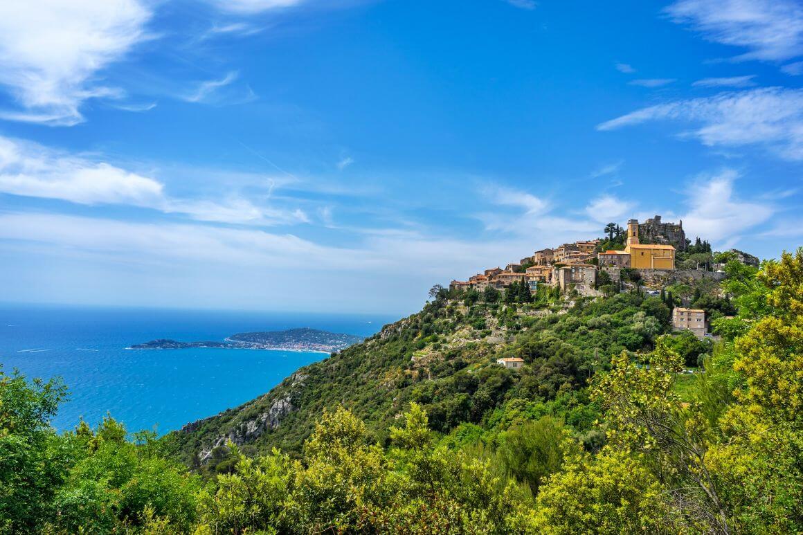 landscape views of he hilltop village of Eze overlooking the Mediterranean, in France