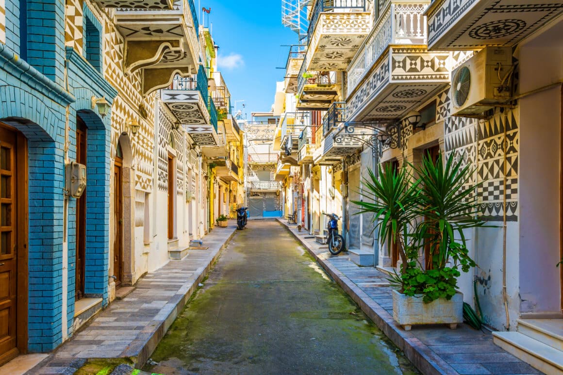 Buildings with black-and-white geometric motifs in Pirgi village, Chios Island