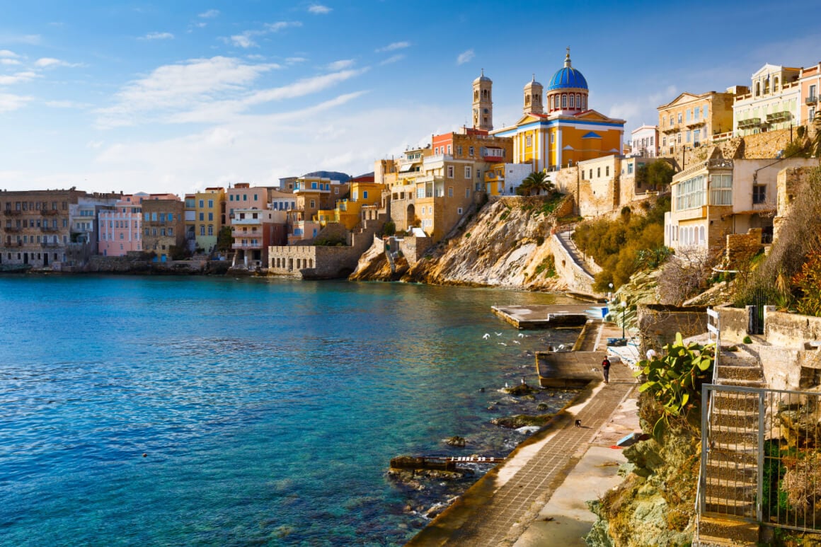 Town of Ermoupoli on a cliff overlooking a harbour in Syros island
