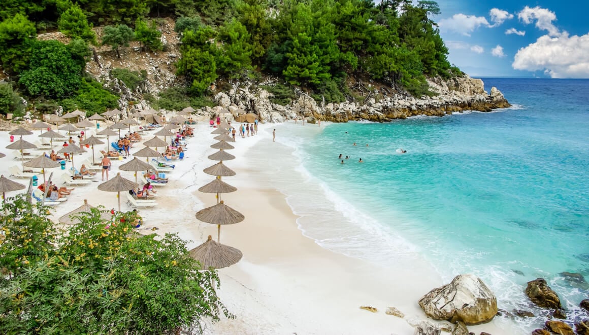 Marble Beach surrounded by mountains in Thassos islands