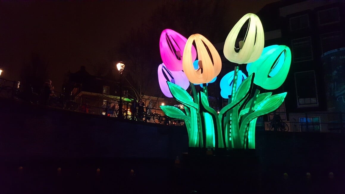 Colorful tulip light sculpture in Amsterdam