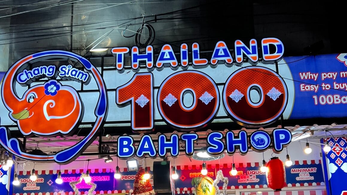 A signboard of "100 baht shop" in Bangkok, Thailand