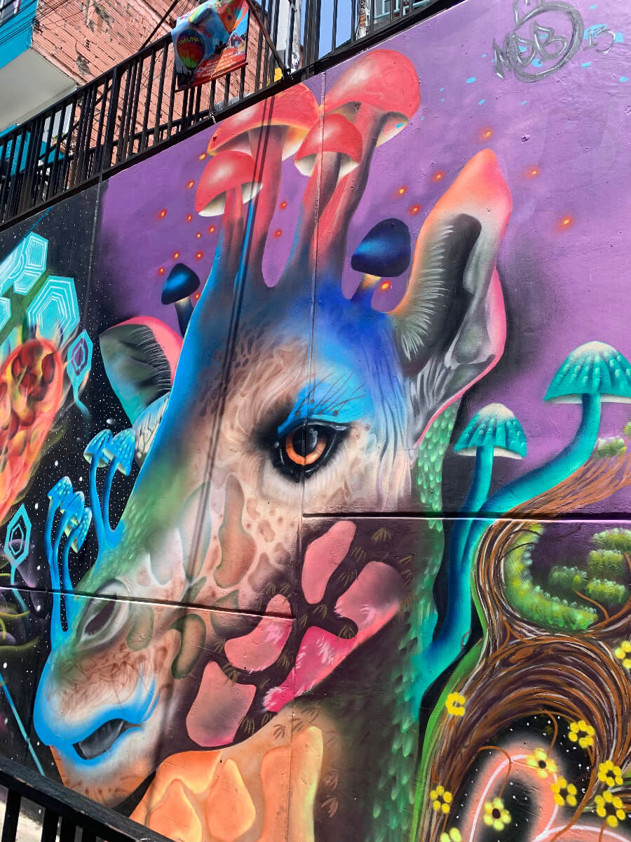 Graffiti of a colourful, psychedelic giraffe in Comuna 13, Medellin, Colombia