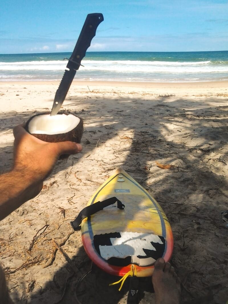 Surf board and coconut at the beach in Ecuador coast.