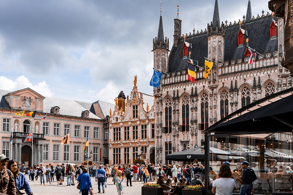 detailed buildings in a square in Brugges, Belgium.