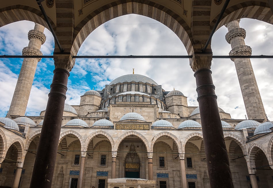 The arches and minarets of The Blue Mosque in Instanbul