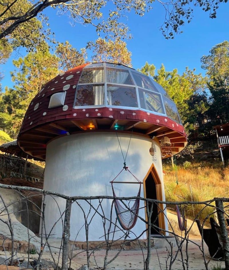 A mushroom shaped house in the mountains of Mexico.