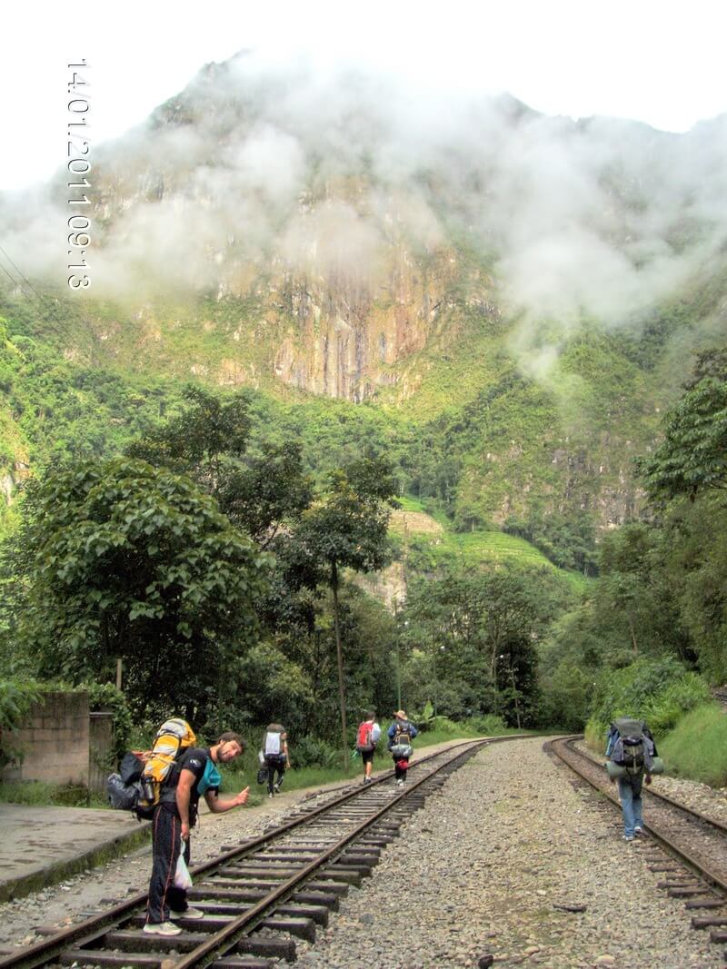 backpackers walking next to the train tracks towards Machu Pichu.