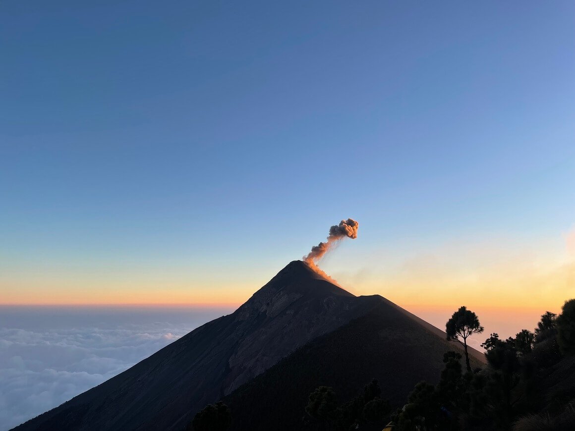 acatenango and fuego volcano at sunrise in guatemala