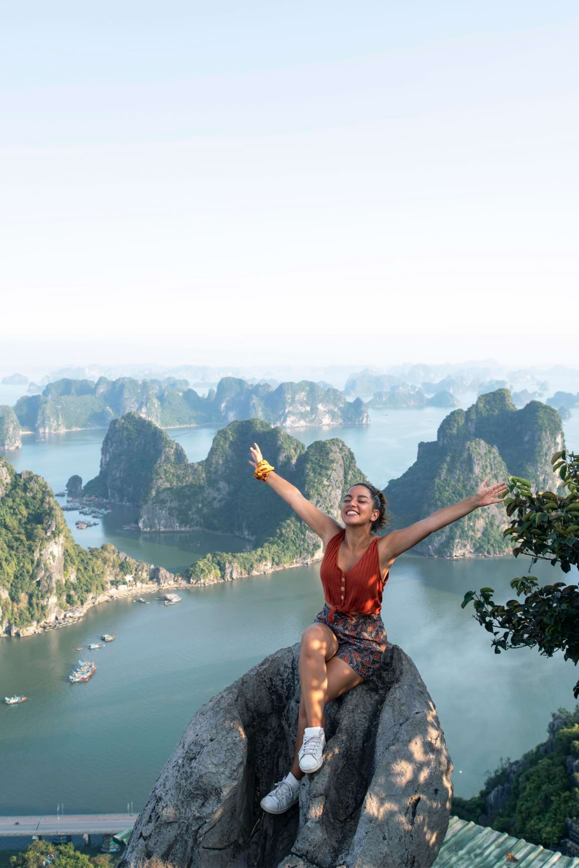 Woman with stunning views of Halong Bay in Vietnam