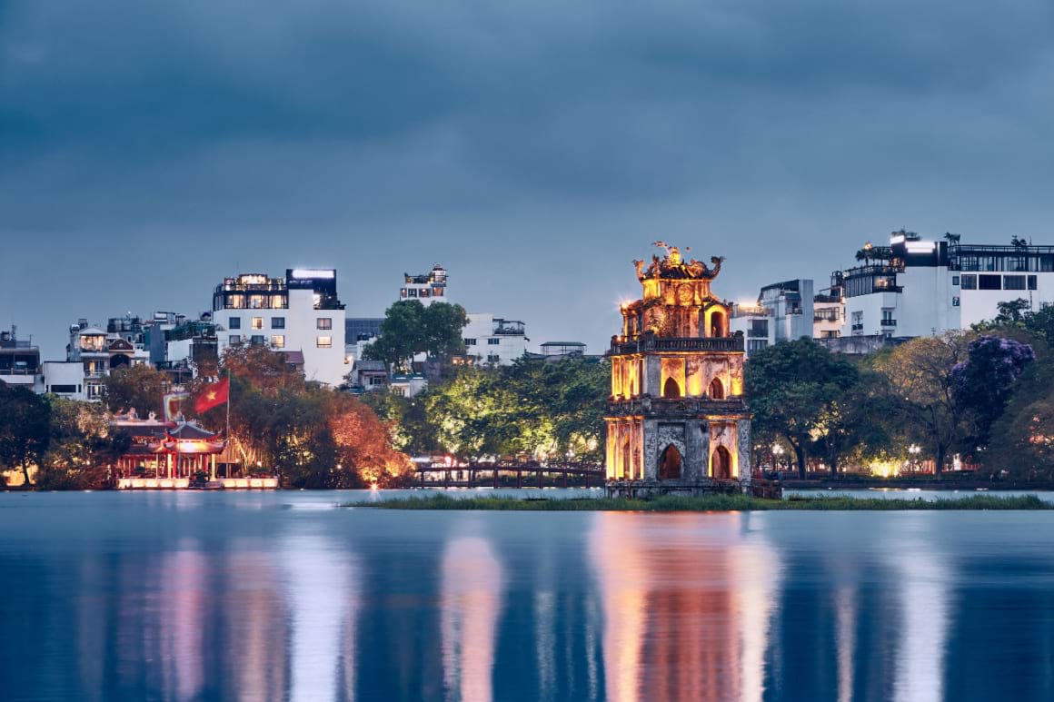 Turtle Tower on Hoan Kiem Lake in Old quarter Hanoi