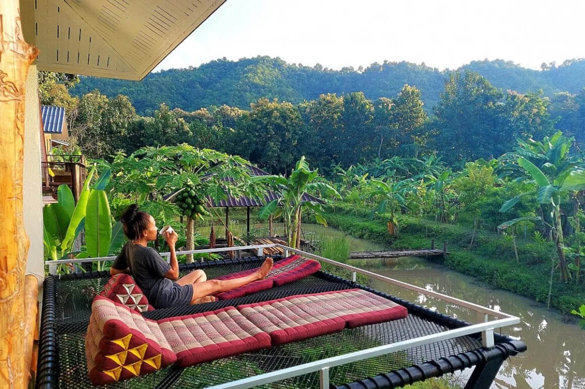 women sipping a cup of tea while enjoying lush rice field views 