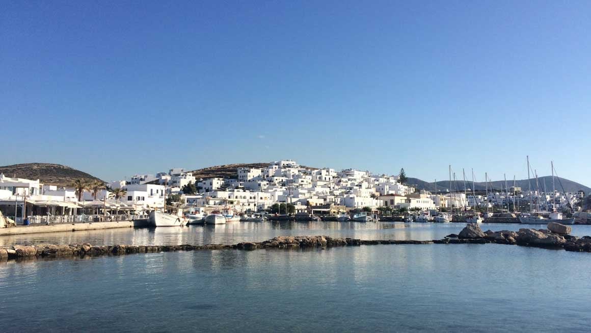 View of the bay in Paros featuring iconic white buildings