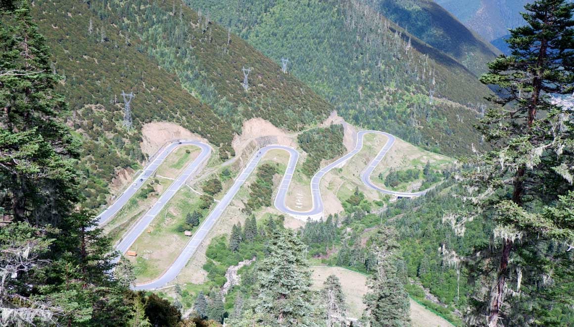 A windy mountain road surrounded by trees