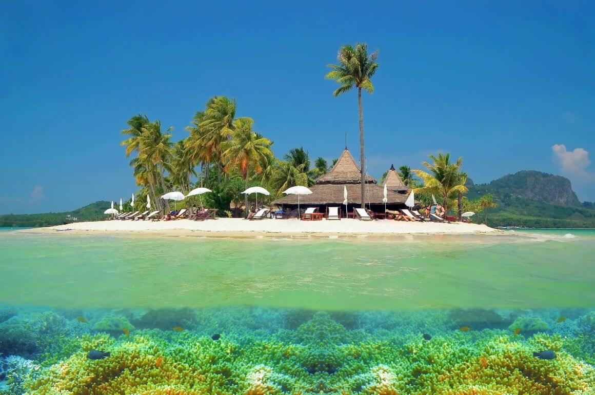 A small island in the middle of the ocean with a house and palm trees located in Koh Mook, Thailand