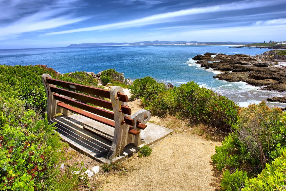 a wooden bench overlooking the ocean in Walker Bay South Africa