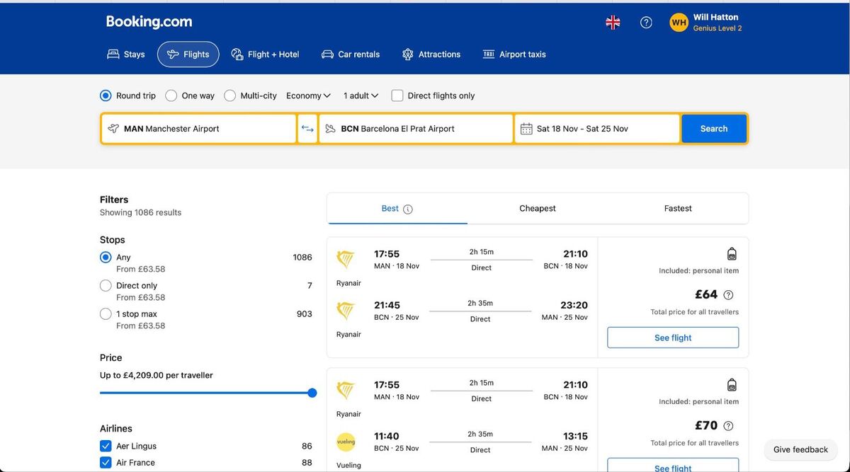 Screenshot of the Booking.com flights search from Manchester to Barcelona