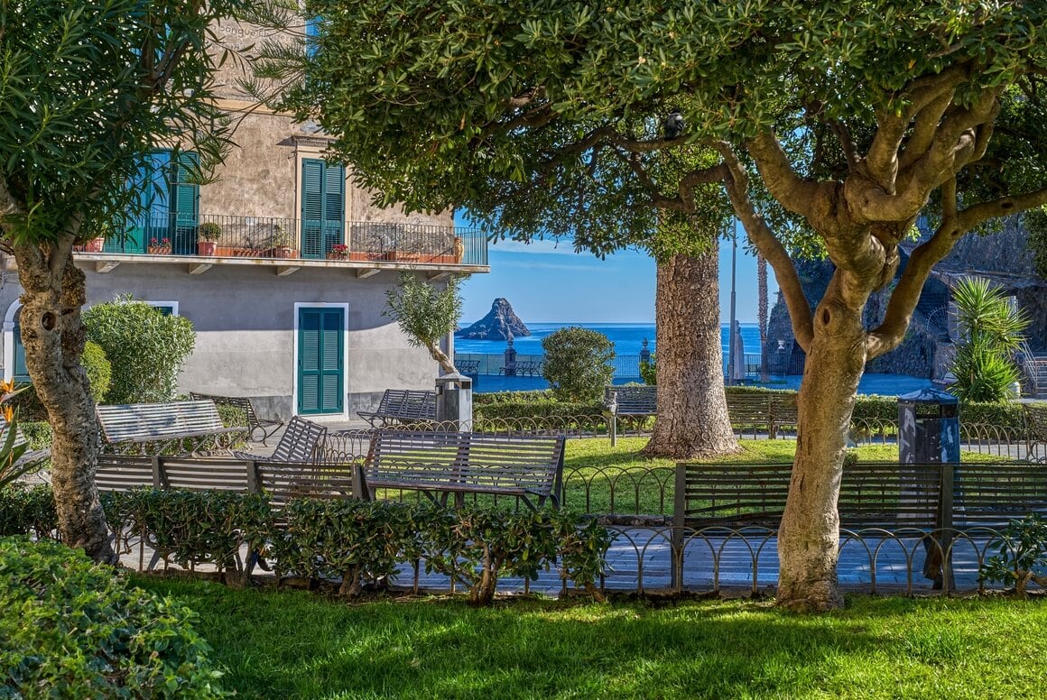 Public gardens at Aci Catello, italy with the sea view iin the background