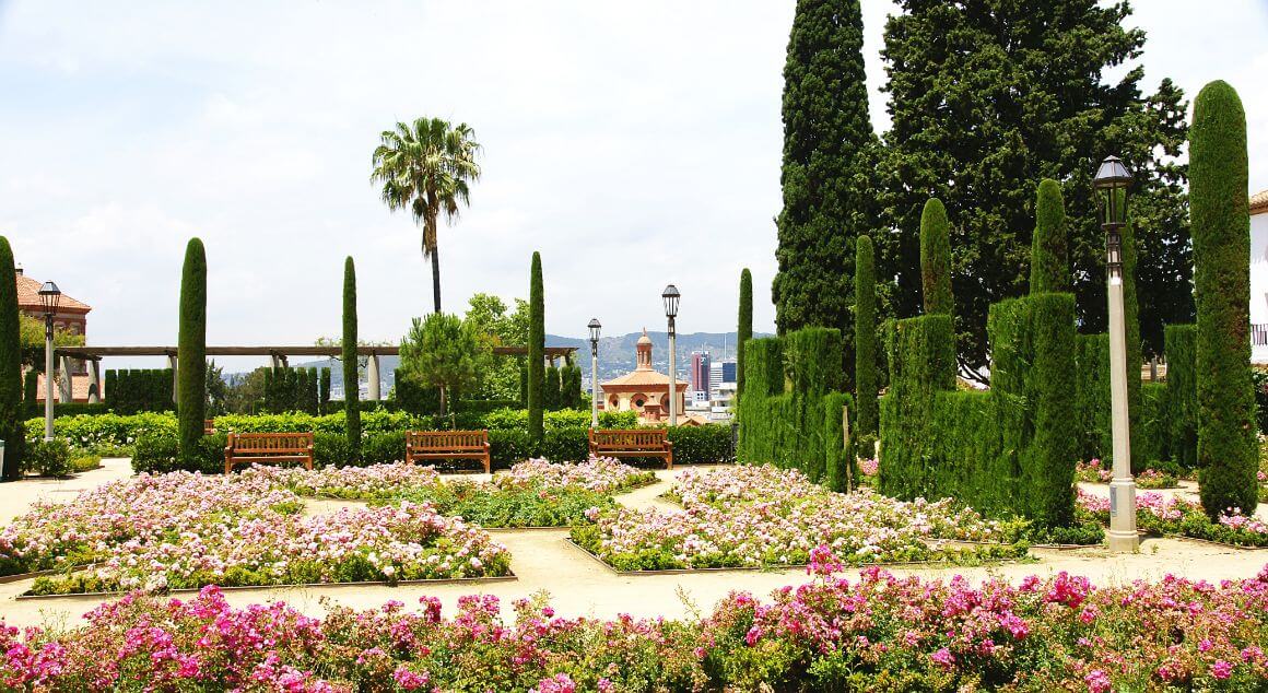 Lush greenery and pink flowers in Jardines del Teatre Grec, Barcelona 
