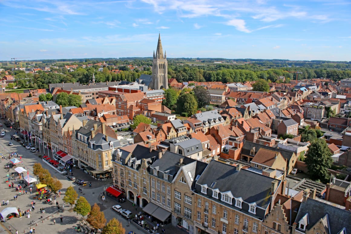 An areal view of Ypres' buildings and church