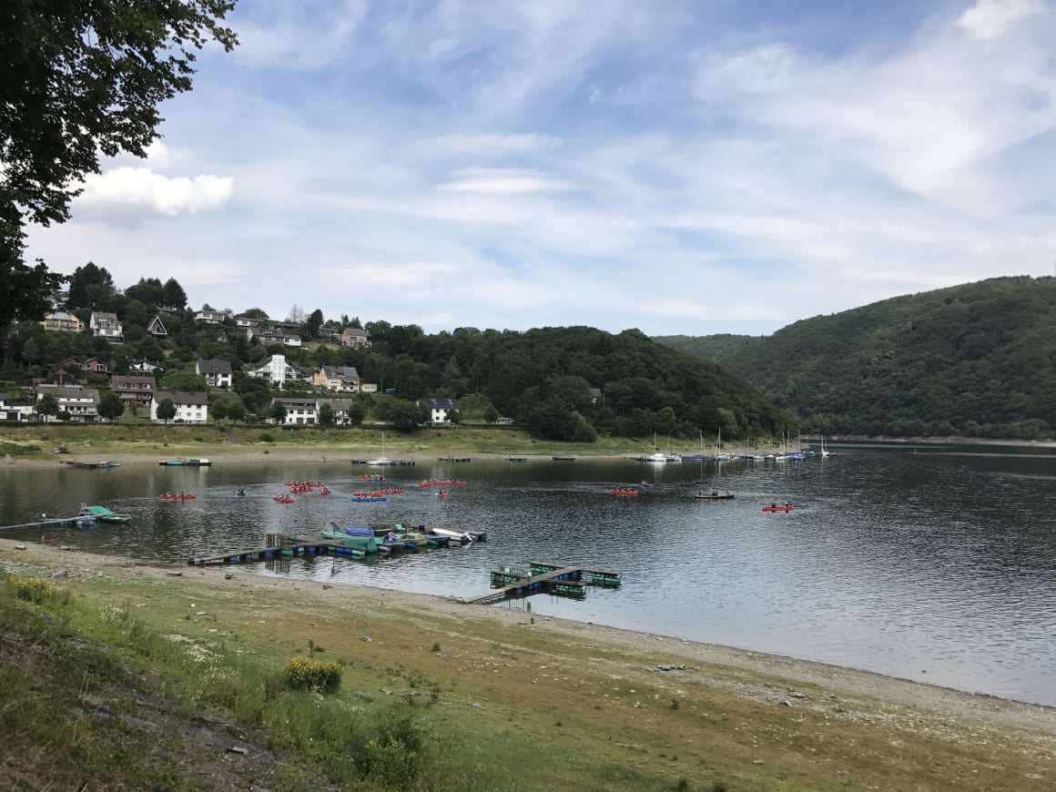 A landscape view of a lake and lush greenery in Eifel National Park, Germany