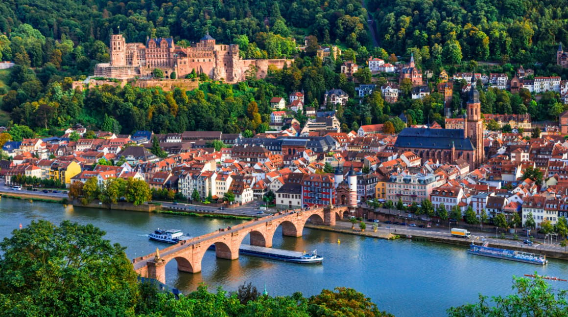 A scenic view of Heidelberg Town with its builidings bridge crossing the river 