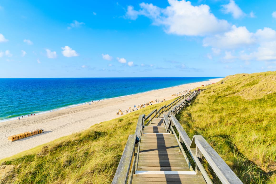 A wooden walkway leading down to a beach with green grass in Sylt Island
