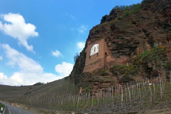 a vineyard underneath an old buildign carved into rock at the start of the season on a Mosel Wine Tour