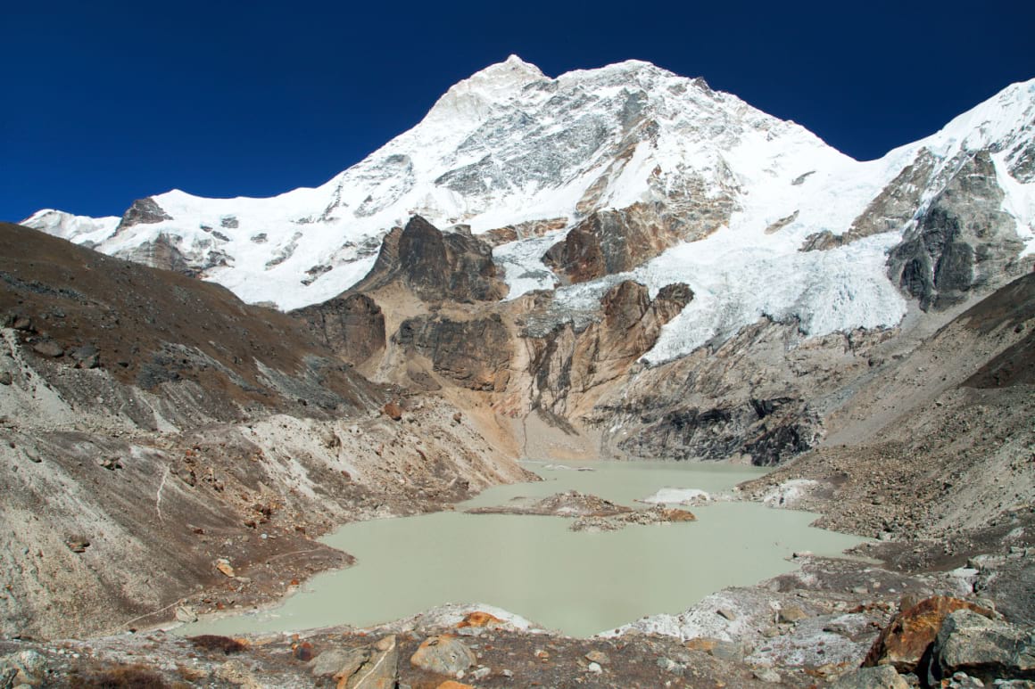 A landscape view of Mount Makalu and glacial lake Barun valley in Nepal