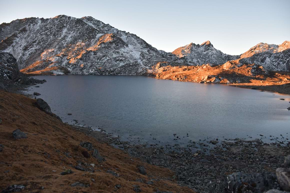 Gosaikunda Lake surrounded by mountains in Nepal