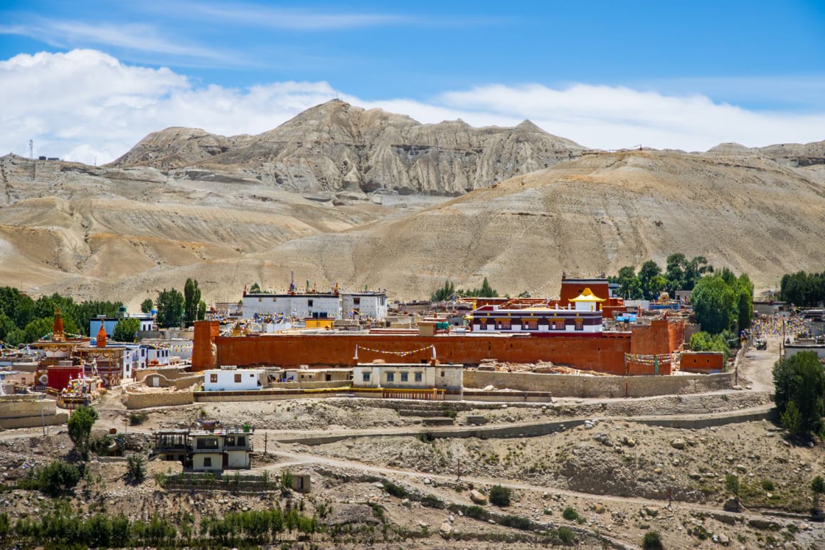 A landscape view of Lo Manthang village in the middle Upper Mustang mountains