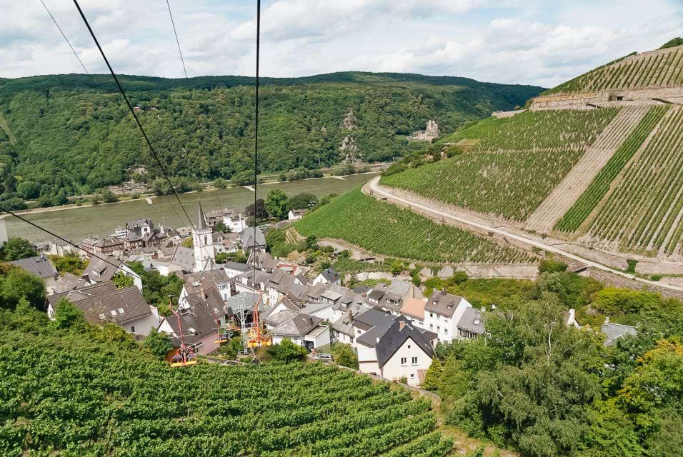 a vilage situated in a small valley in Rheinhessen Germany as seen from a cable car ride
