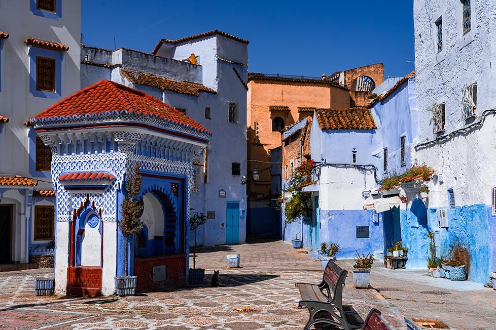 A blue square in Chefchaouen in Morocco