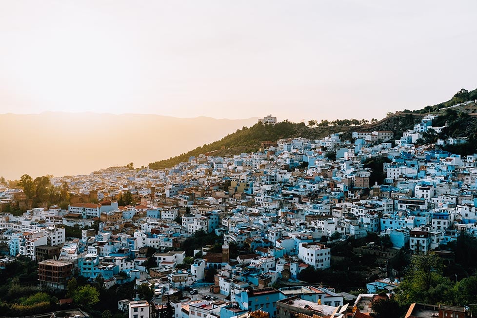The blue houses of Chefchaouen at sunset