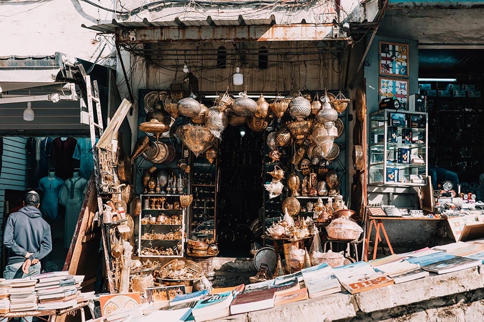 A shop selling metal lamps in Morocco.