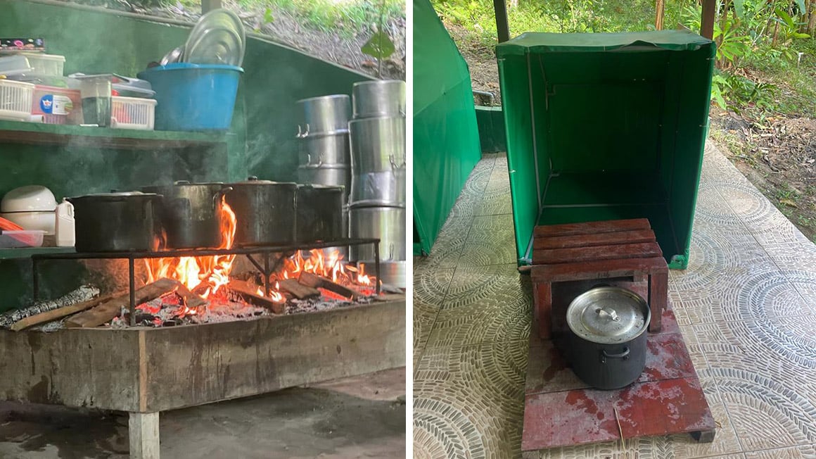Pots in fire cooking plants and roots for ayahuasca ceremony.