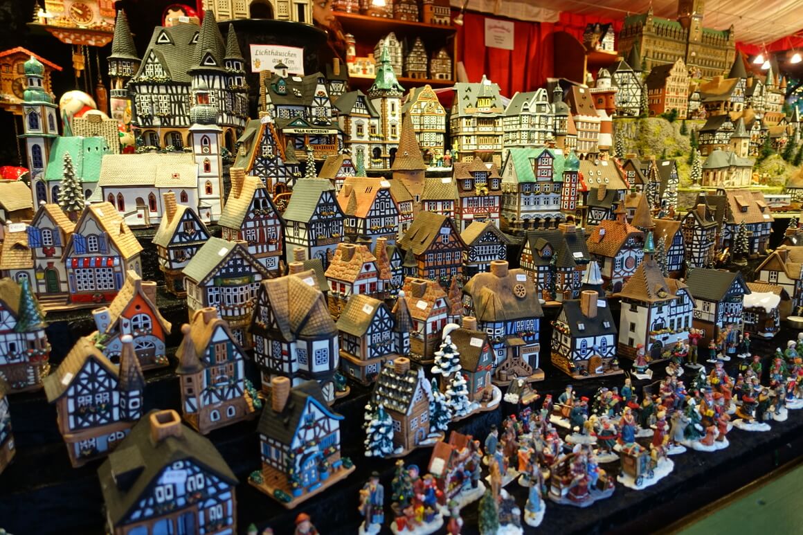 Minature German houses on a tiered display at Christmas Markets in Europe