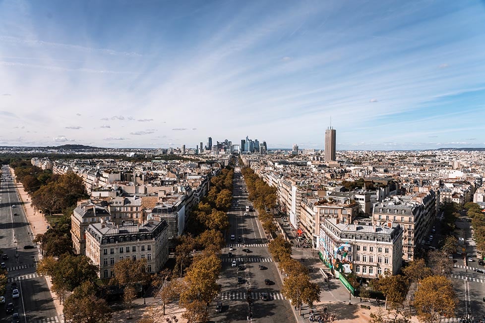 The view over the streets of Paris from the Arc De Triomphe over to the financial district