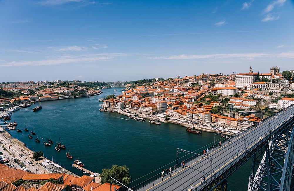 Looking over the bridge and river of Porto, Portugal