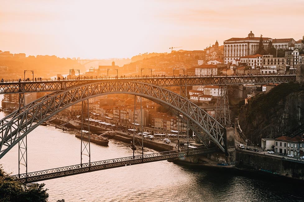 Sunset over the bridge of Porto