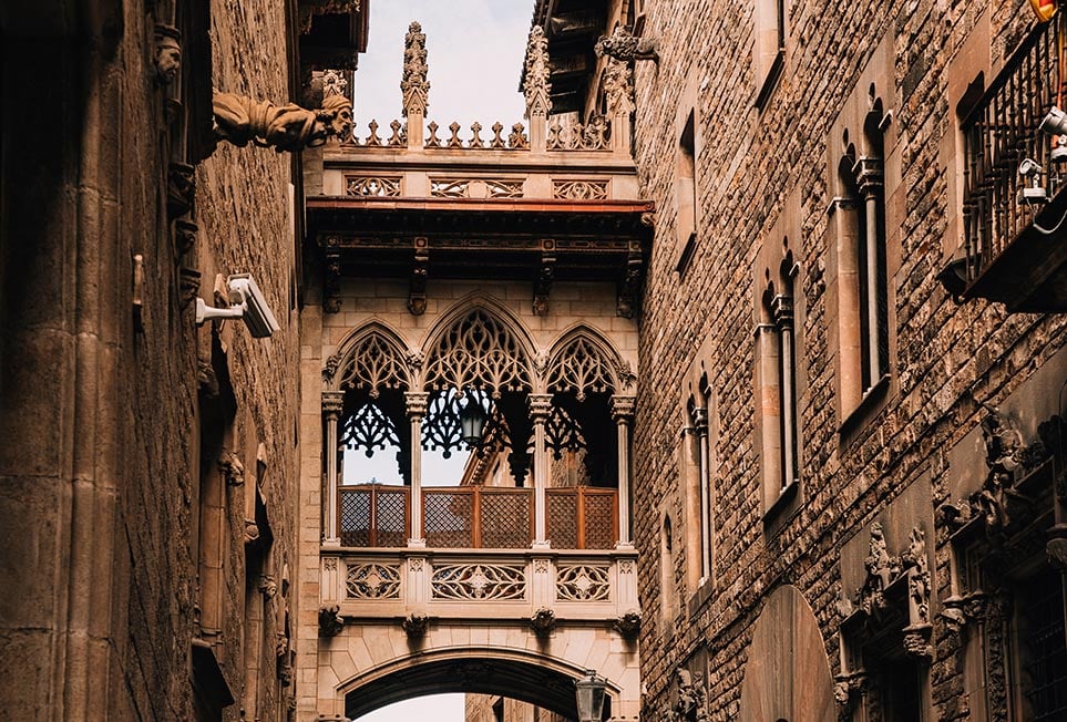 An ornate bridge in the Gothic Quarter in Barcelona