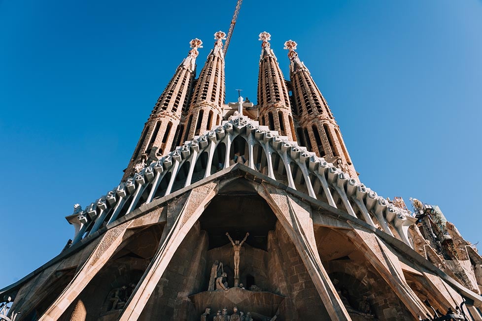 Looking up at the front of the Sagrada Familia in Barcelona