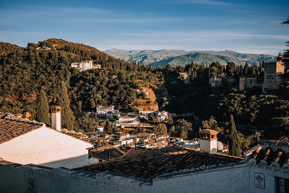 White villages in the valleys with the Sierra Nevada mountain range behind