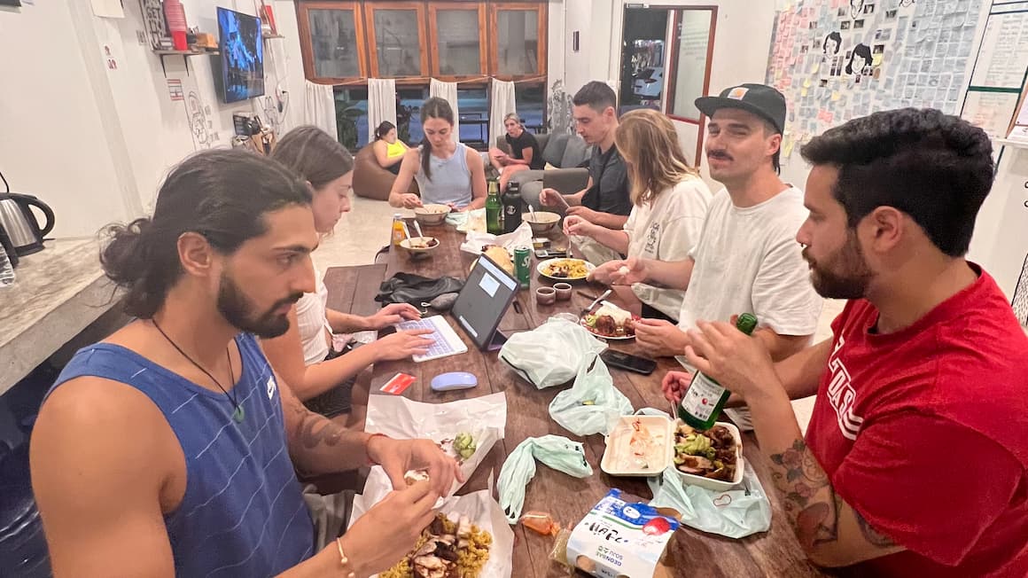 a group of friends at a hostel